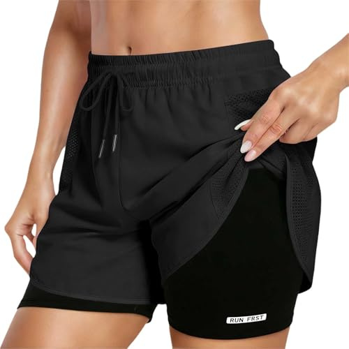 Shorts De Sport 2 en 1 Femme pour Taille Haute avec Doublure Et Poches Zippees Ideaux pour La Course A Pied Le Tennis Le Yoga La Musculation Le Gym Et La Fitness Confortables Et Pratiques (XL)