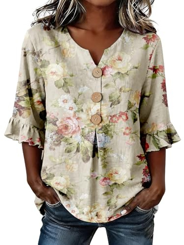 Camicia Donna Lino Manica 3/4 Camicetta Estiva con Volanti Fiori Fantasia Elegante Curvy Blusa Scollo a V con Bottoni Casual Leggero Comode Maglietta Tops Moda Taglie Forti T Shirt Classico Maglia Tee