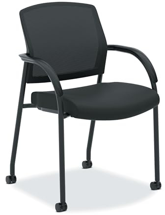 HON Lota Office Chair, Black Guest Seat with Arms and Casters, Mesh Back, Fabric | for Lobby, Guests, and Offices