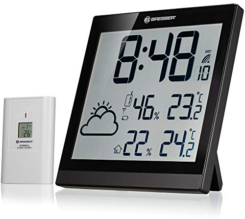 Bresser Orologio da parete TemeoTrend JC con stazione meteorologica wireless con radiosveglia DCF con ampio display per temperatura e umidità per montaggio da tavolo o a parete con indicatore della tendenza meteorologica, nero