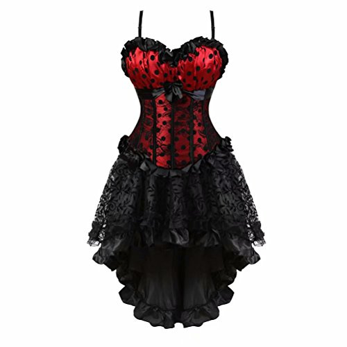 Josamogre Corset Bustier Jupe Robe Bretelles Dentelle Point Lingerie Femme Costume Halloweenn Sexy Vintage Rouge Noir S