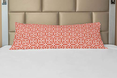 Ambesonne Art Deco Body Pillow Case Cover with Zipper, Lace Inspired Endless Design of 4 Leaf Flower Abstract Floral Pattern, Decorative Accent Long Pillowcase, 21 x 54, Vermilion and White