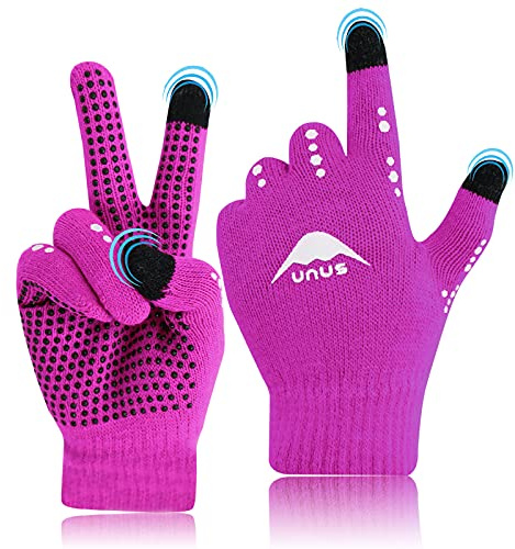 Kids Running Gloves Winter Cycling Warm Knitted Thermal, Touchscreen Glove Non-Slip for Work Driving Ridding Sport Outdoor (Hot Pink, Age 5-12)