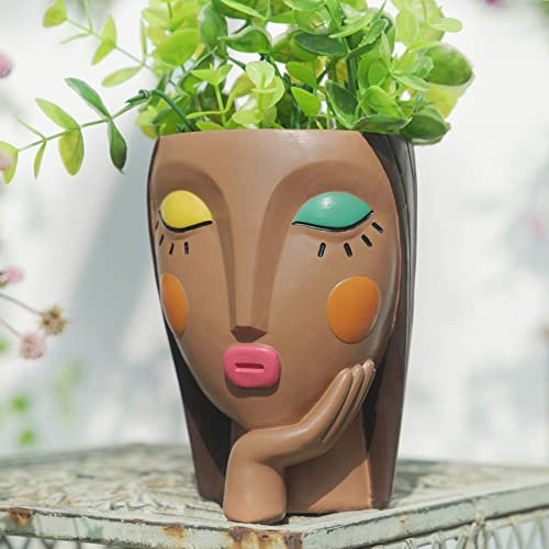 Saysmile Pots de fleurs en forme de visage pour plantes d'intérieur - Tête en résine - Pot de fleurs mignon avec yeux fermés - Fille pensée peinte