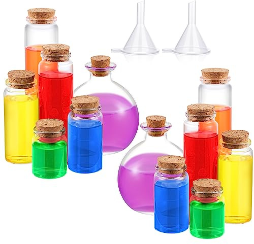 Bokon 12 Pcs Mini Glass Bottle with Wood Cork Stoppers 6 Sizes Assorted Glass Potion Bottle Clear Message Jars with 2 Funnels for Wedding Ornament Party Favors Costume Props DIY Crafts