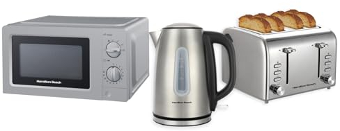 Hamilton Beach Kettle Toaster Microwave Set, Electric Kettle, Toaster 4 Slice, Microwave, Kettle & Toaster Set, Rise, 1.7L Kettle, Wide Slot Toaster, 700W Microwave, Brushed, Stainless Steel - HBKTMB