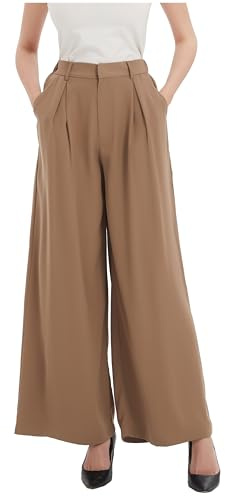 Tronjori Palazzo - Pantalon taille haute pour femme, coupe décontractée, jambes larges, longueur classique, taupe, Taille L