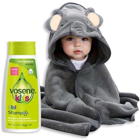 Vosene Kids Lice Repellent 3-in-1 Shampoo with Tea Tree & Eucalyptus with Elephant Hooded Baby Towel Bundle | Toddlers and Newborns Ideal for Baby Bath, Beach & Pool | Dandruff Shampoo for Kids