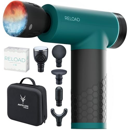 Antelope by Beurer RELOAD Massage Gun avec fonction chaleur & froid, appareil de massage musculaire pour points trigger, 5 têtes de massage, 5 niveaux d'intensité jusqu'à 3000 tr/min, sans fil