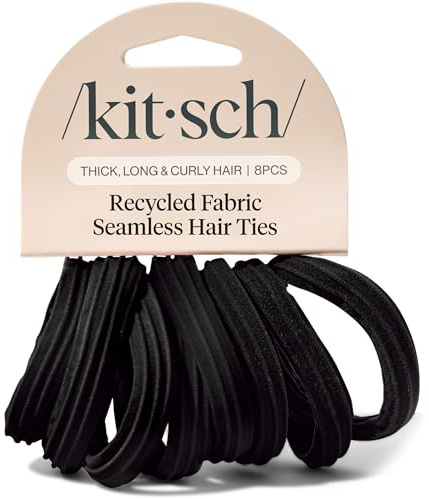 Kitsch Seamless Black Hair Ties 8pcs No Damage - Hair Bands for Women - Strong Stretchy Hairbands & Hair Bobbles - Soft Nylon Hair Elastics, Snag-Free Rubber Bands for Updos & Braids