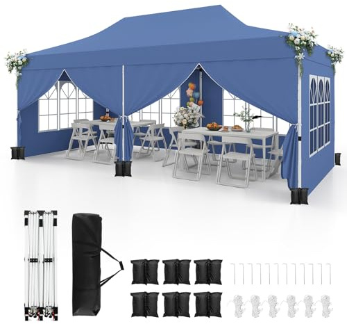 COSTWAY Paviljong 3 x 6 m, vikbar paviljong med 6 sidoväggar och 6 sandsäckar, trädgårdspaviljong, vattentät stabil vintersäker, UV-skydd 50+, festtält med bärväska för trädgård, fest, bröllop (blå)