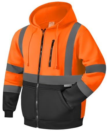 HYCOPROT Sweat à Capuche Haute Visibilité Sweatshirts Polaire Veste de Travail Légère Réfléchissante Poches de Sécurité avec Fermeture Éclair et Cordon de Serrage pour Hommes et Femmes en ISO 20471