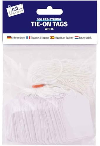 100 Tie On Tags Pre Strung White Paper Card Label Gift, Tags Price Labels with String, 36 x 53 mm, Just Stationery