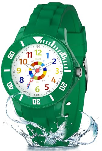 Ayybboo Kinderuhr Jungen Mädchen,Lernuhr Armbanduhr Kinder Analog mit 3ATM Wasserdicht,Weiches Band,Leicht Ablesbar 4-12 Jahre (Dunkelgrün)
