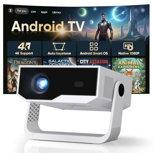 2026 Mini smart projektor inbyggda appar, inbyggd 1080P 4K stöder 30 000 lumen Wifi-projektor med Android 14 och auto nyckelsten, 360° roterbar bärbar filmprojektor för hem, sovrum, iOS/Switch/PS5