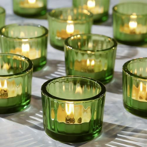 12 Pcs Tea Light Candle Holders, Green Glass Tealight Holders for Table Centerpiece, Votive Tealight Holders 5cm x 3.5cm Vintage Candle Holder for Weddings, Birthday Parties, Home Decor, Table Decor