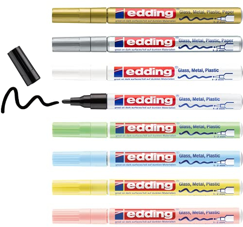 edding 751 marcador de tinta opaca brillante - multicolor metálico, pastel - 8 rotuladores - punta redonda 1-2 mm - para vidrio, piedras, madera, plástico, papel - color permanente