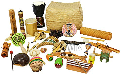 A-Star 30 Piece Multicultural Percussion Set in Basket, Hand Crafted Educational Musical Instruments for Children