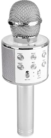 MAX KM01 Microfono Karaoke Microfono Senza Fili Bluetooth - Argento, Altoparlante, Batteria 6 ore circa, Micro Modificatore vocale ed Eco, Funzione Registrazione e Selfie, Perfetto per i Bambini