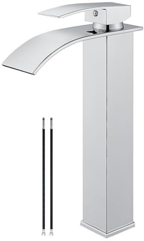 Airuida Vessel Sink Faucet, Tall Waterfall Bathroom Faucet, Single Handle One Hole Mixer Bowl Tap with Large Rectangular Spout, Bar Sink Faucet Lavatory Vanity-Chrome Polish