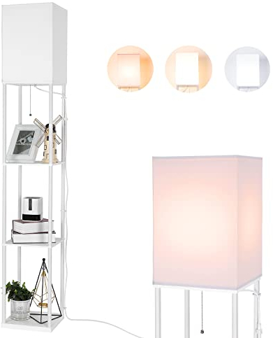 BBHome Moderna lampada a stelo con ripiani in legno, 3 temperature di colore, dimmerabile, lampada a LED per soggiorno, camera da letto, lampadina da 9 W inclusa (bianco)
