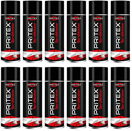 PRITEX – Sprühkleber 12x 400 ml für KFZ, Handwerk, Modellbau, DIY & Haushalt – Kleber Spray mit hoher Sofortklebekraft für Papier, Karton, Holz, Kork, Leder, Textilien, Schaumstoff, Gummi & Kunststoff