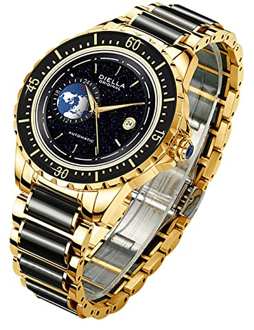 Diella Uhren Herren Luxus Herrenarmbanduhren aus Schwarzer Jade mit Leuchtender, Selbstwindender, Wasserdicht, Sternenhimmelkugel Geschenke für Männer