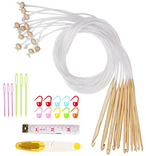 Aeeque 12 pcs Aiguilles à Crochet Tunisien 3,0-10,0mm, Crochet Tunisien Long 120cm Afghanes, 15cm Crochet en Bambou avec 105cm Bande Plastique Blanche, Grand Crochet Tunisien Long pour Crocheter Tapis