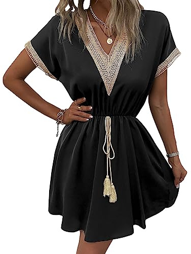 KOEMCY Vestido Corto Verano para Mujer Manga Corta Vestidos de Playa Cuello V Suelto Mini Vestido Colores Sólidos Casual Vestir Vacaciones