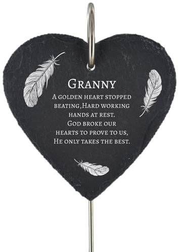 Global Designs Granny Grave Stick Marker Plaque Ornament Memorial Heart Slate A Golden Heart Stopped Beating Tribute Graveside Decor 25x11cm
