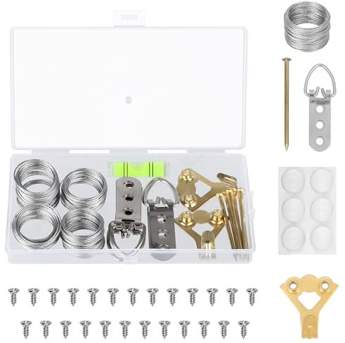 BELLE VOUS Kit para Colgar Cuadros - Ganchos de Acero, Alambre, Anillos, Tornillos y Clavos - Ideal para Marcos, Fotos, Espejos, Paredes de Madera y Obras de Arte - Soporta Hasta 5 kg
