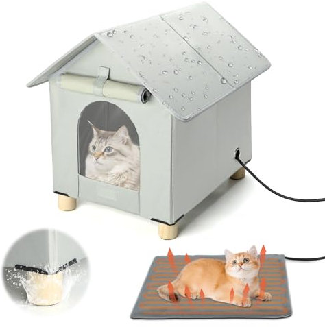 Heated Cat Houses in Winter Waterproof, Elevated Heated Outdoor Cat House Insulated Outside Feral Cat House Shelter with Escape Door for Cats or Small Dogs (Grey, Small (13.4x16.9x18.5))
