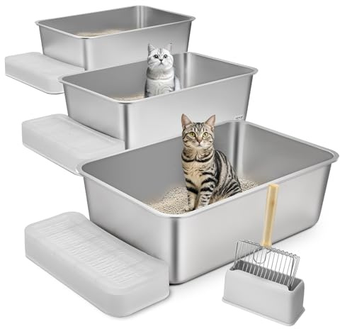 VEVOR Katzenklo 3er-Set, 600 x 400 x 200 mm, XL extragroße Katzentoilette aus Edelstahl mit Schaufel, breitem Filter-Fußteil & hohem Rand, geruchsfreie, geruchsfreie Schalentoilette für große Katzen