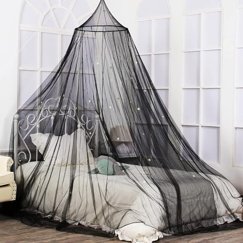 Mosquito Net for Bed, Large Dome Canopy Mosquito Net for Single/Double Bed With Luminous Stars, Girls Room Drcor,Easy Installation for Travel and Home (Black)