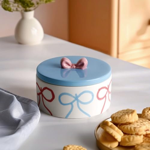 Cookie Jars with Lid Airtight, Wide Mouth Large Ceramic Food Storage Containers, Hand-Drawn Bow Kitchen Canisters for Countertop, Suitable for Home Decor of Coffee, Sugar, Tea, Flour, Dog Treat