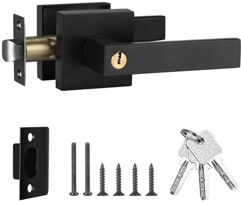 Juego de Manillas para Puerta Manija de Puerta con Cerradura y Llave Maneta Cuadrada Puerta Exterior con Llaves para Dormitorio Negro Reversible para Puertas con Apertura a la Derecha o a la Izquierd