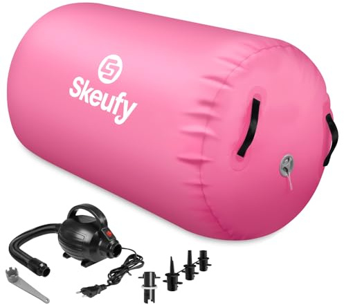 Skeufy Uppblåsbara Airtrack luftrullar, yoga gymnastikcylinder, gymnastikmatta, gymlufttunna, lufttumlande spår, träningskolonn, sportmatta för hem, utomhus, fitness, rosa, 120 x 90 cm
