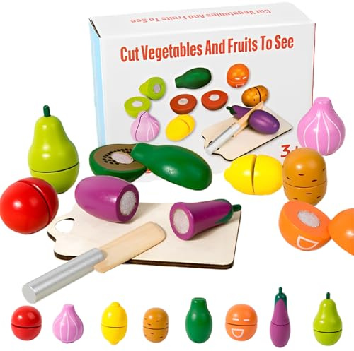 DxxD Jouet Bois Fruits Légumes de Coupe pour Dinette Enfant, Accessoire Cuisine Enfant, Cuisine Jeux Accessoire Aliment Nourriture, Jouet Éducatif et Créatif, Cadeau Noël Bébé Garçon Fille 3 4 5 6 Ans