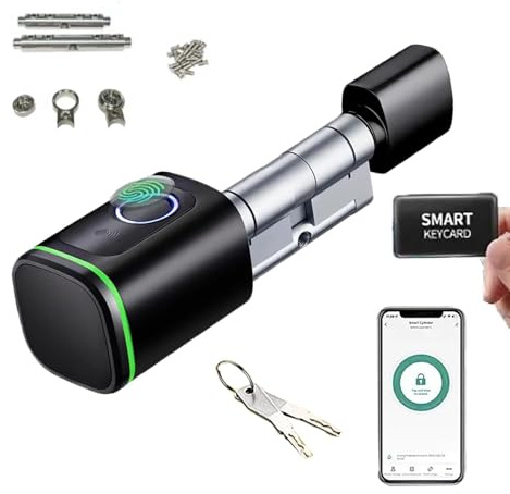 Cerradura Con Huella Dactilar,Cilindro Biotech,Ip65,Con Dos Tarjetas,Dos Juegos De Llaves,Con Bluetooth,Apto Para Puertas De 35-60mm Cerradura Inteligente Puerta Exteriorelectronica(Negro)