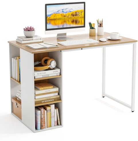 COSTWAY Computer Desk, 115CM Modern Home Office Desk with 5 Storage Compartments, Heavy-Duty Metal Frame Writing Table PC Workstation for Study Room, Bedroom (Natural)