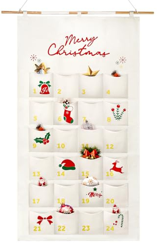 Staranry Calendrier de l’Avent à Remplir en Tissu, Calendrier de l’Avent à Compte à Rebours avec 24 Poches, Décoration de Noël Réutilisable à Suspendre