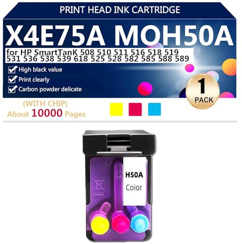 X4E75A MOH50A Cabezal de Impresión de Alto Rendimiento - Cartucho de Tinta Compatible para HP SmartTanK 508 510 511 516 518 519 531 536 538 539 618 Impresoras, Transparente y Duradero,Color-1 Pack