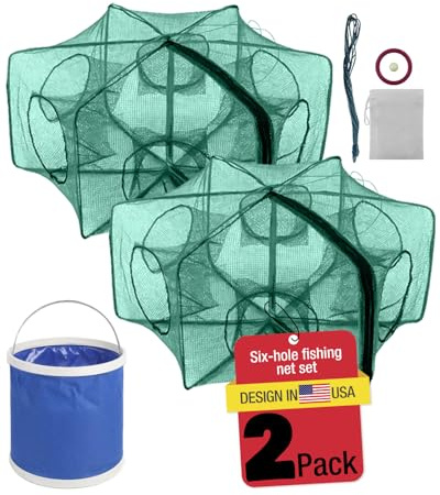 2 Pack Fishing Bait Trap Foldable Fish Net,Multilateral Folding Fishing Bait Trap with Auto-Fold,6 Hole Collapsible Cast Net Cage for Minnow,Crawfish,Crab & Shrimp - Easy UseFishing Accessories