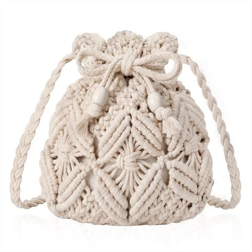Qzakce Borse a Tracolla da Donna e Ragazze Bohémien Borsa Intrecciata a Mano Borsa da Spiaggia Piccola Estiva in Paglia per Incontri di Vacanze in Viaggio Beige