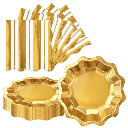 LDFDRT Set di piatti di carta e tovaglioli dorati, 17,8 cm, 20 piatti di carta + 20 tovaglioli dorati, stoviglie usa e getta dorate, stoviglie per feste di compleanno, matrimonio, decorazione da
