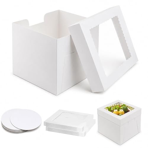 Forhandy 10 cajas de cartón para tartas de 25 x 25 x 20 cm con ventana y tablas redondas para tartas