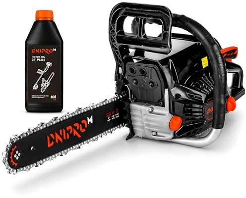 Dnipro-M Motosega a scoppio 2000W, 45cc, Lama 40cm, Motore 2 Tempi, Avviamento Facile, Anti-Vibrazione, Ideale per Tronchi Medi e Lavori Domestici. DSG-45HE. Include olio motore 2T