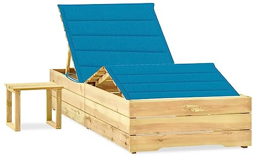 RuiNingRN Lettino da giardino in legno di pino impregnato, con schienale regolabile e poggiapiedi, con cuscino e tavolo, resistente alle intemperie, per terrazza, balcone, piscina, ergonomico e