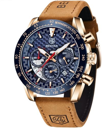 BENYAR BY Orologio Uomo Casual Cronografo da Uomo Movimento al Quarzo Cinturino in pelle Moda Sportivo 30M impermeabile Elegante Regalo per Uomo