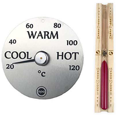 Sauna Thermometer Hot - Sauna Messgerät aus Finland by OPA/Lumo plus Sanduhr Exclusiv 15 min. mit rotem Sand
